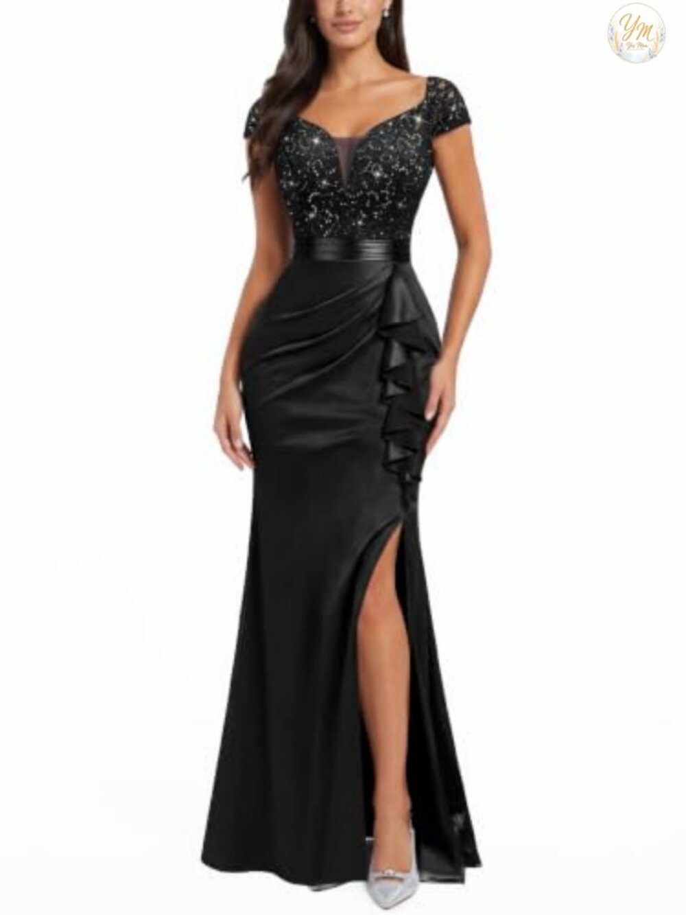 Vintage V-Neck Maxi Formal Dress Ruffle Split Mermaid Evening Gown